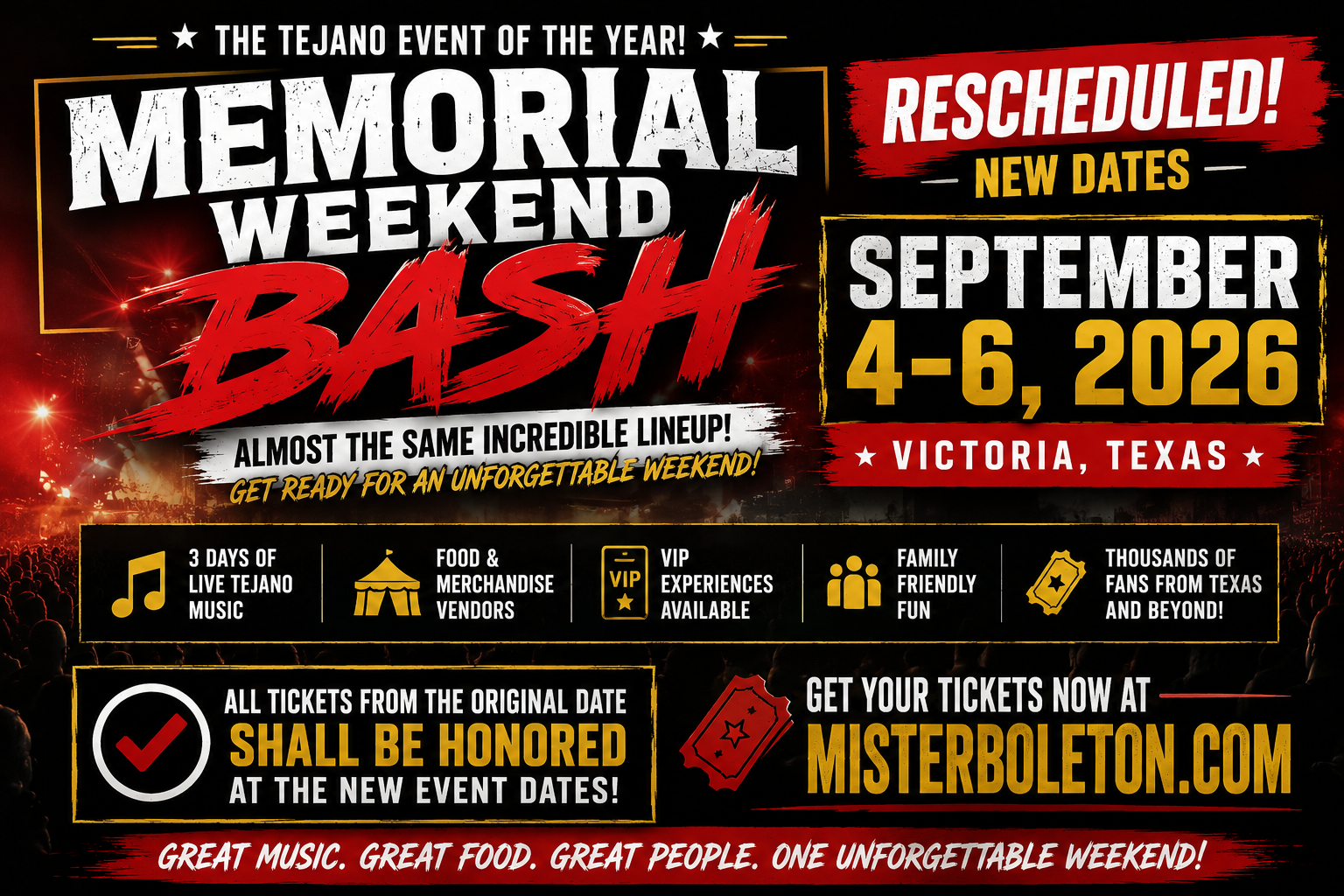 Memorial Weekend Bash Rescheduled To Labor Day Weekend : September 4-6, 2026
